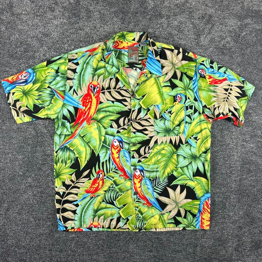 Pineapple Connection Shirt Mens L Parrot Tropical Rayon Green Button Down Aloha
